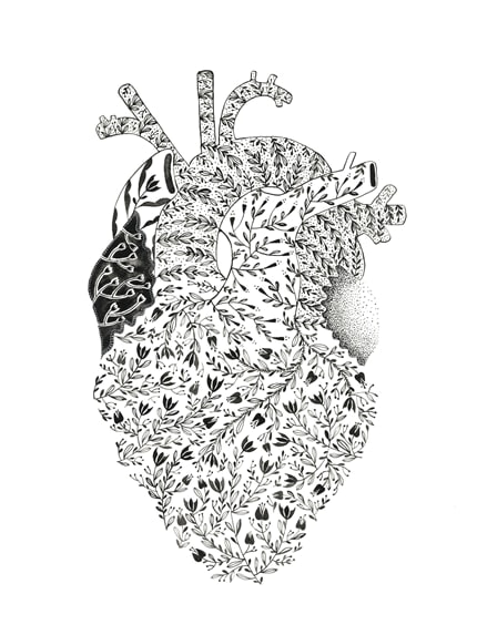 30 flowers in a heart — print de artă de Mura, alb-negru, dragoste