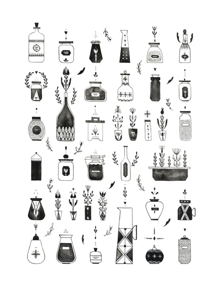 30 jars in the pantry — print de artă de Mura, alb-negru, mâncare