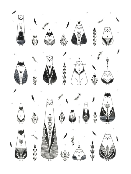 30 owls in the garden — signed fine art print by Mura, animals, b & w