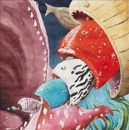 Address: The Belly of the Fish — signed fine art print by Irina Dobrescu, animals, watercolor