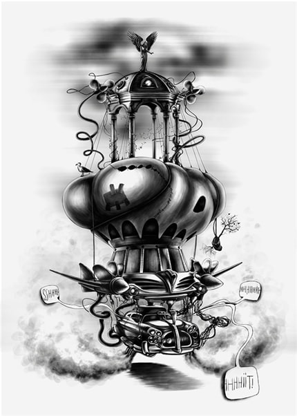 Flying Car — print de artă de Vali Petridean, alb-negru, de colecție