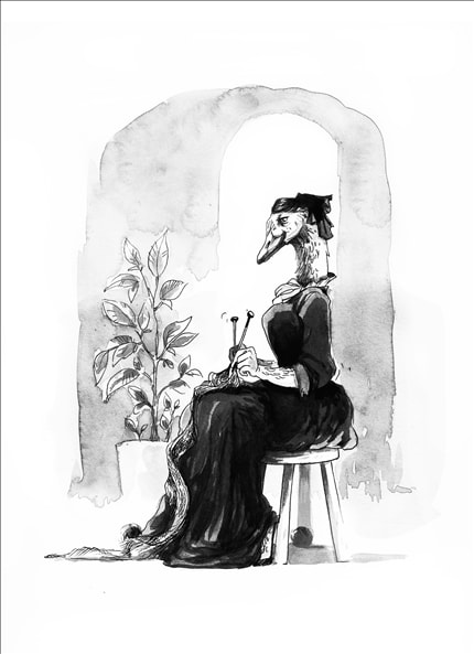 Mother Goose — signed fine art print by Xiusha, b & w, watercolor