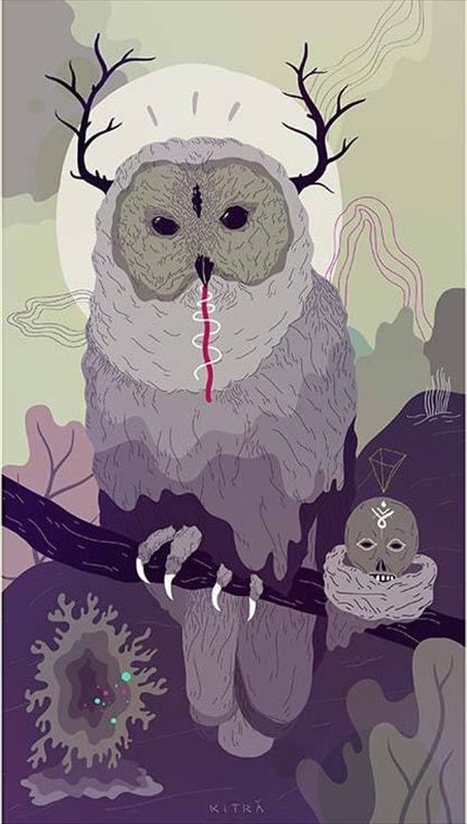 Owl — print de artă semnat de Kitra, păsări, horror