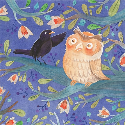 The Blackbird and The Owl — print de artă semnat de Livia Coloji, păsări, folclor