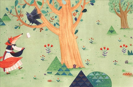 The Fox and The Crow — print de artă semnat de Livia Coloji, păsări, folclor