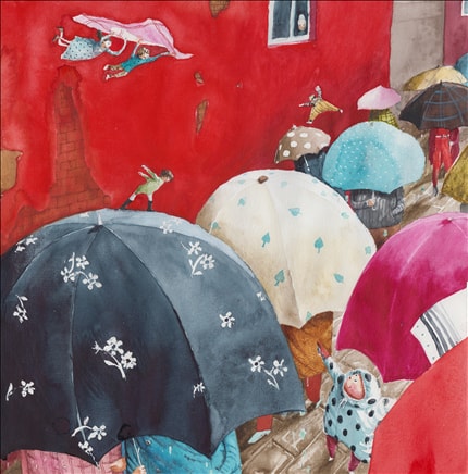 Umbrellas — signed fine art print by Irina Dobrescu, children's, watercolor
