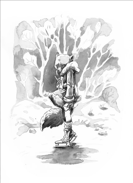 White Fox — signed fine art print by Xiusha, b & w, watercolor
